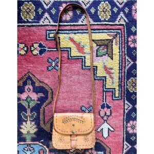 Handmade Tooled Leather Mini Crossbody Satchel Tan Floral Studded Boho Western